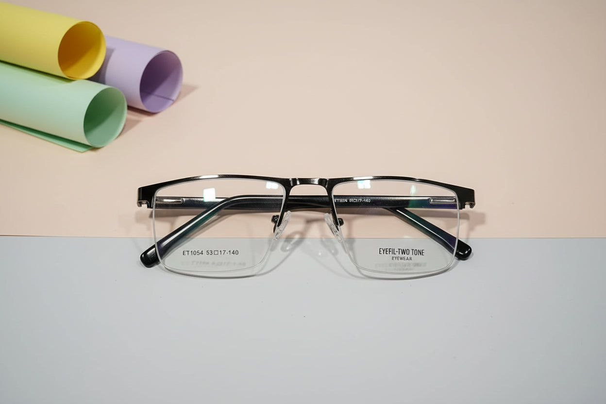 Two-Tone Semi-Rimless Rectangle Eyeglass Frame for Men – Black & Clear