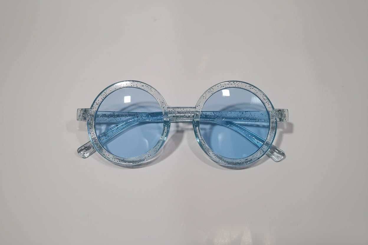 Kids Round Blue Sunglasses – Transparent Glitter Frame with Light Blue Lenses
