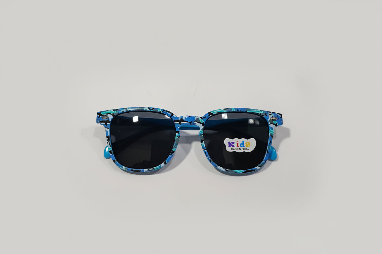 Kids Blue Camouflage Sunglasses – Square Frame with Dark Smoke Lenses