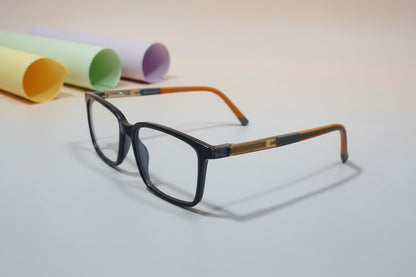 T2X Unity Black Rectangular Eyeglasses – Full Rim Frame with Orange Temples