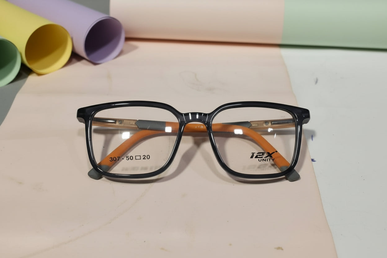 T2X Unity Black Rectangular Eyeglasses – Full Rim Frame with Orange Temples