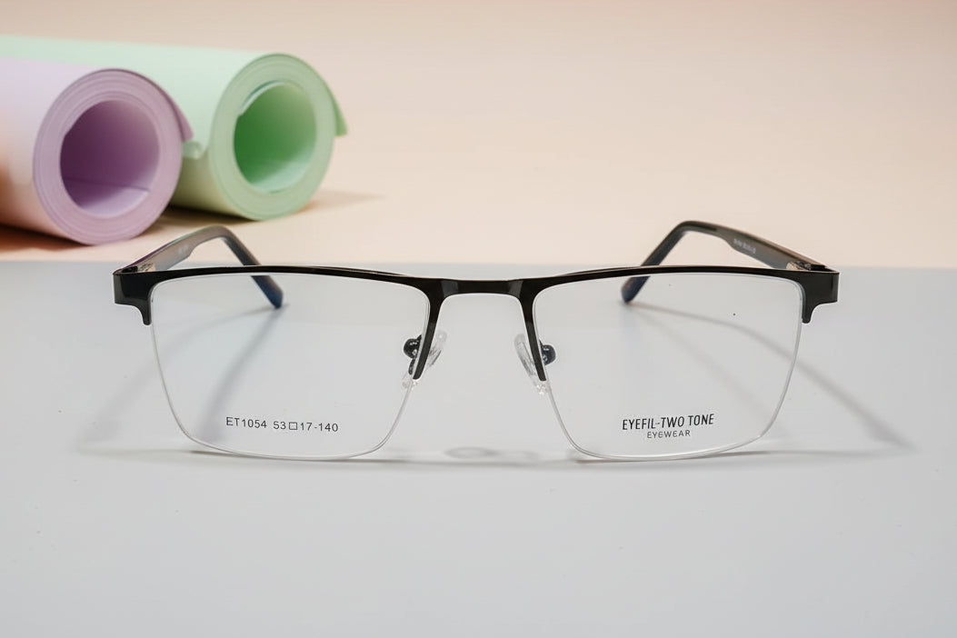 Two-Tone Semi-Rimless Rectangle Eyeglass Frame for Men – Black & Clear