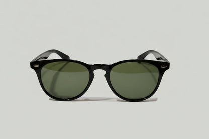 Classic Round Sunglasses – Black Frame with Dark Green Lenses
