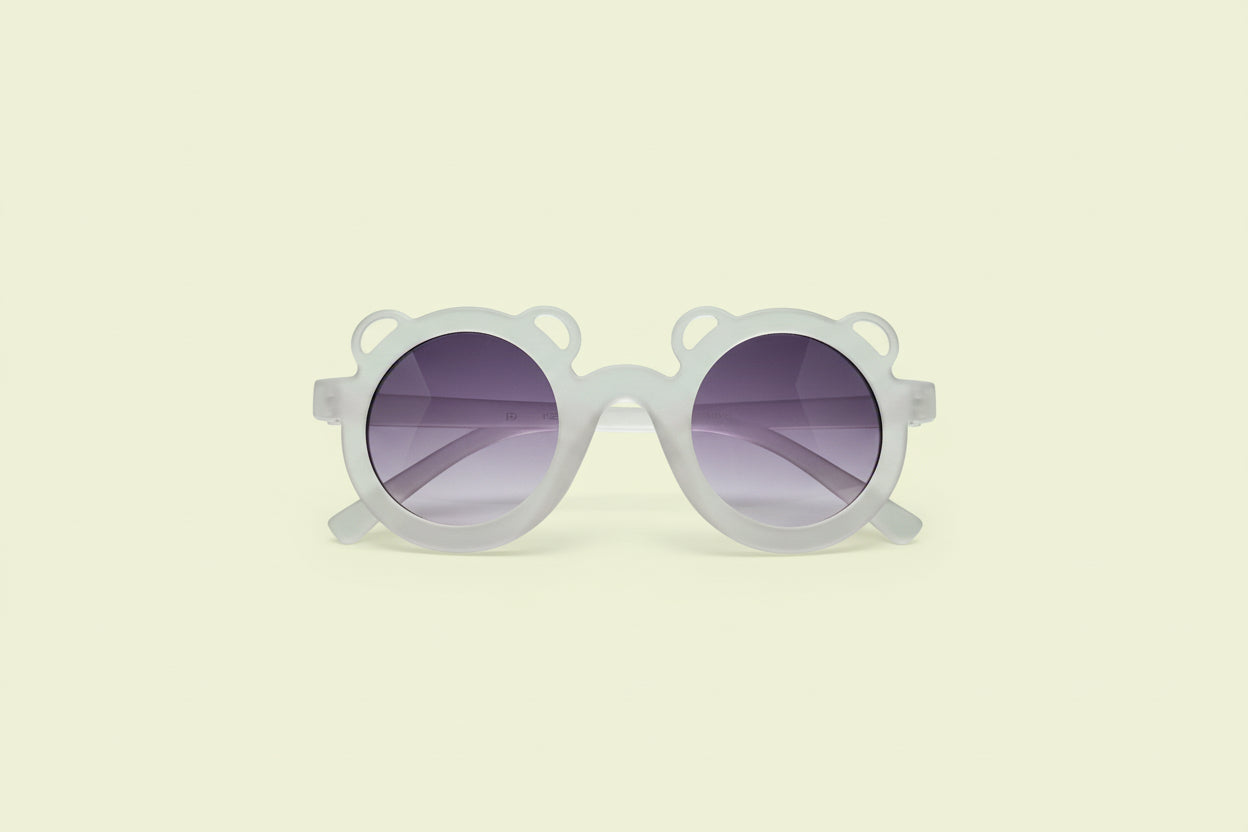 Kids Bear-Shaped Sunglasses – Frosted Clear Frame with Purple Gradient Lenses