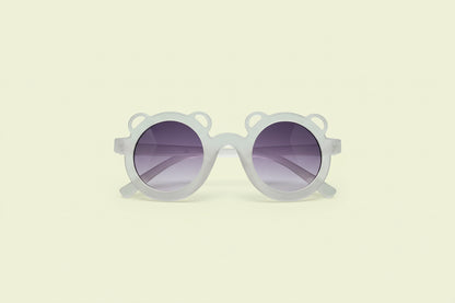 Kids Bear-Shaped Sunglasses – Frosted Clear Frame with Purple Gradient Lenses