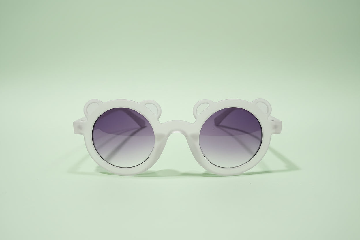 Kids Bear-Shaped Sunglasses – Frosted Clear Frame with Purple Gradient Lenses