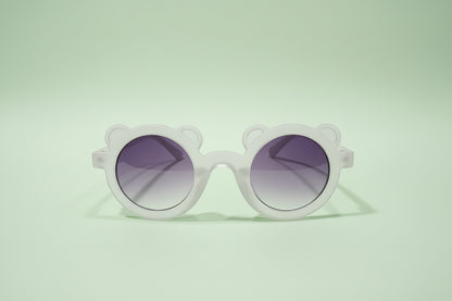 Kids Bear-Shaped Sunglasses – Frosted Clear Frame with Purple Gradient Lenses