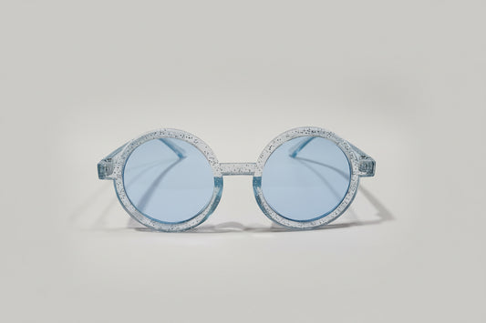 Kids Round Blue Sunglasses – Transparent Glitter Frame with Light Blue Lenses