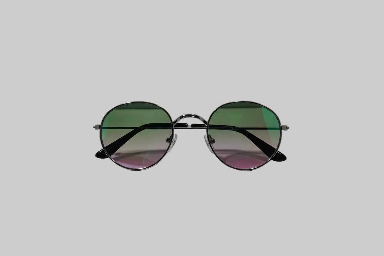 Kids Metal Round Sunglasses – Silver Frame with Green-Purple Mirror Lenses