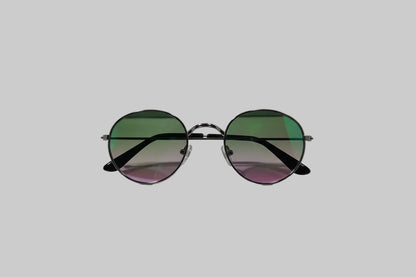 Kids Metal Round Sunglasses – Silver Frame with Green-Purple Mirror Lenses
