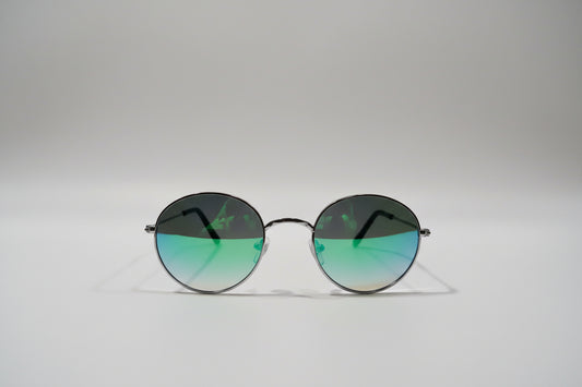 Kids Metal Round Sunglasses – Silver Frame with Green-Purple Mirror Lenses