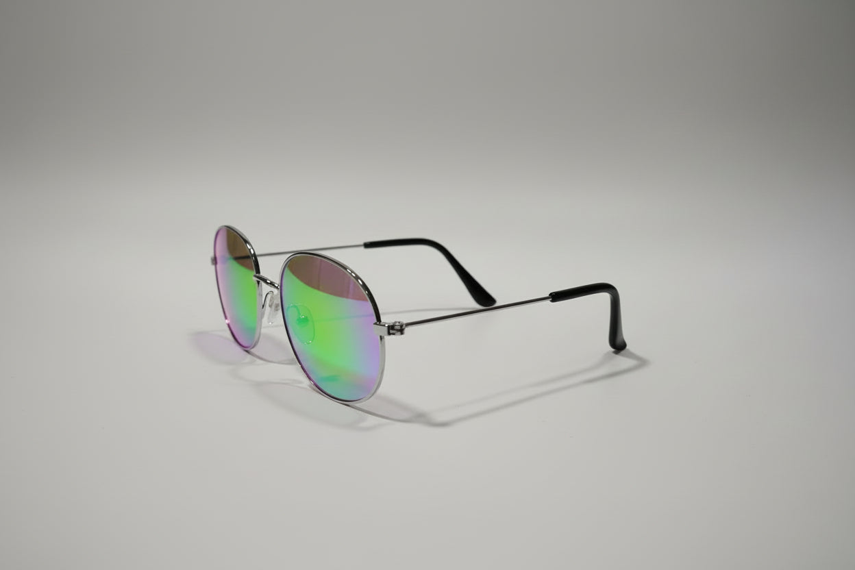 Kids Metal Round Sunglasses – Silver Frame with Green-Purple Mirror Lenses