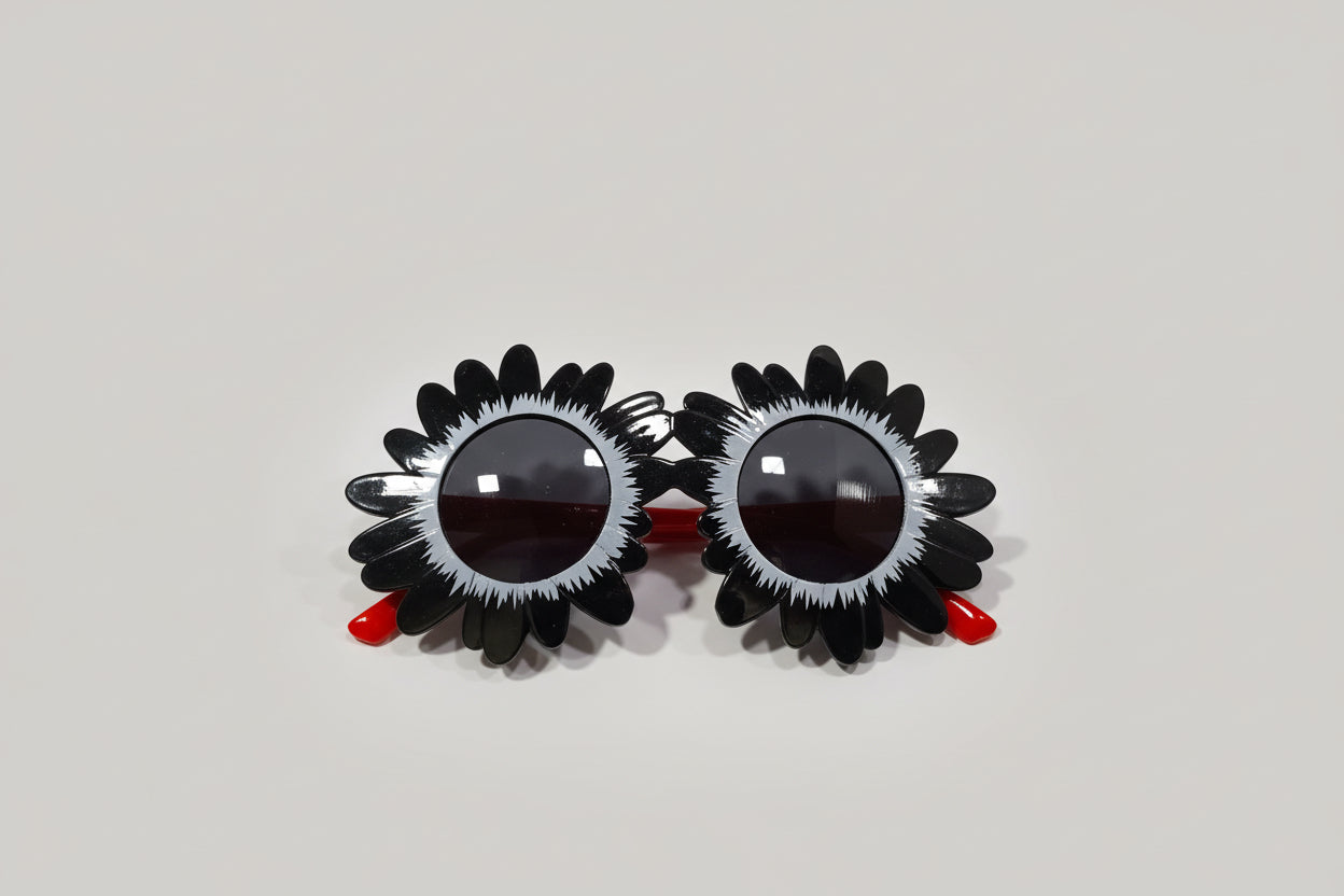 Kids Flower-Shaped Sunglasses – Black Frame with Red Temples & Smoke Lenses