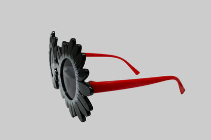 Kids Flower-Shaped Sunglasses – Black Frame with Red Temples & Smoke Lenses