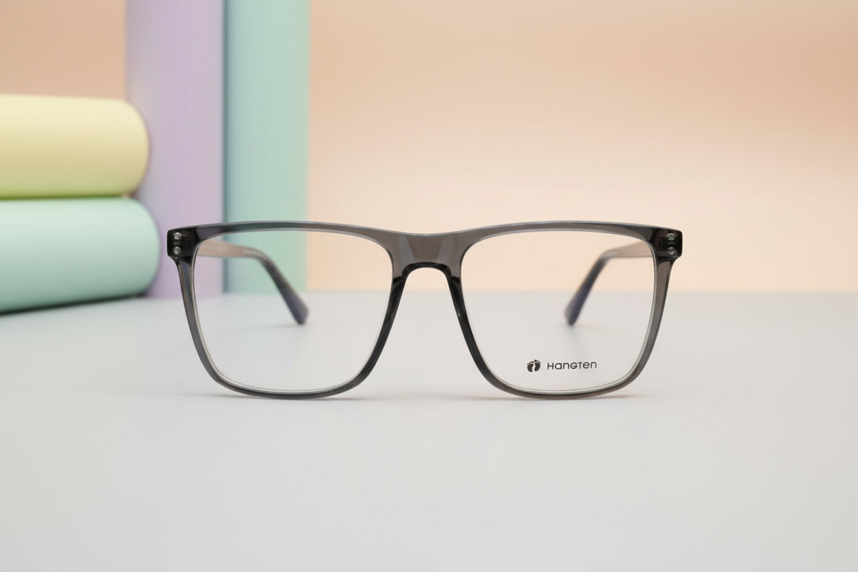 Hangten Transparent Grey Square Eyeglasses – Lightweight Full-Rim Unisex Frame
