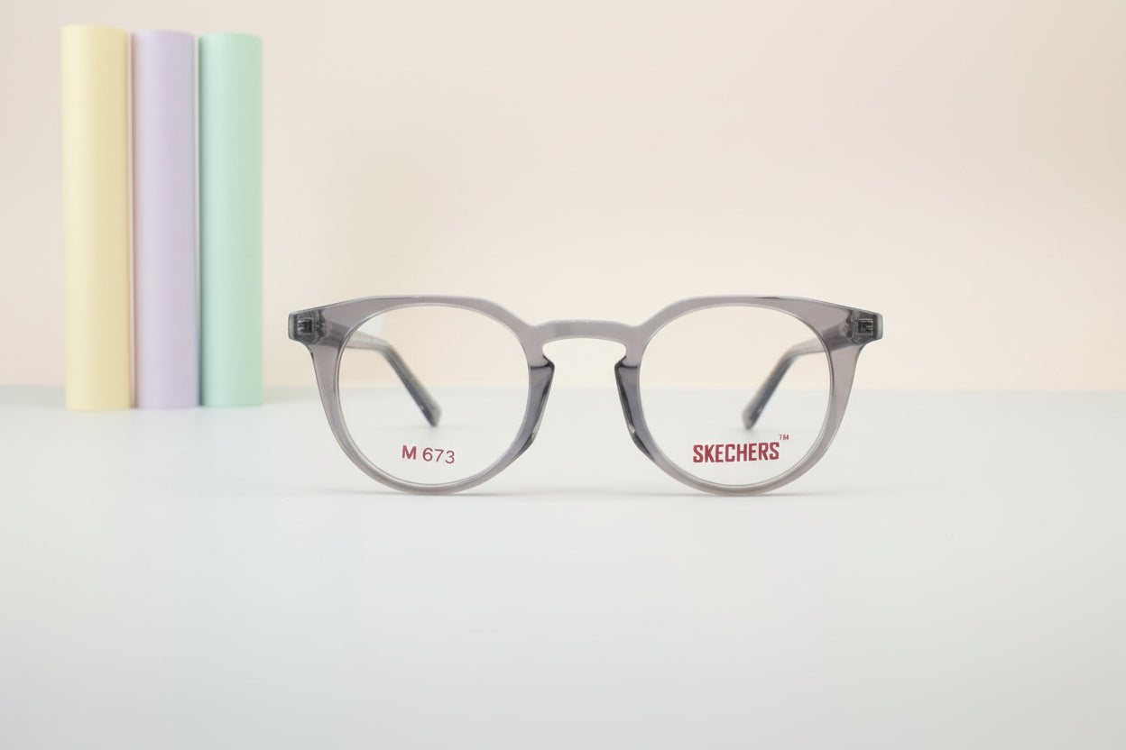 Skechers Transparent Grey Round Eyeglasses – Lightweight Full-Rim Unisex Frame