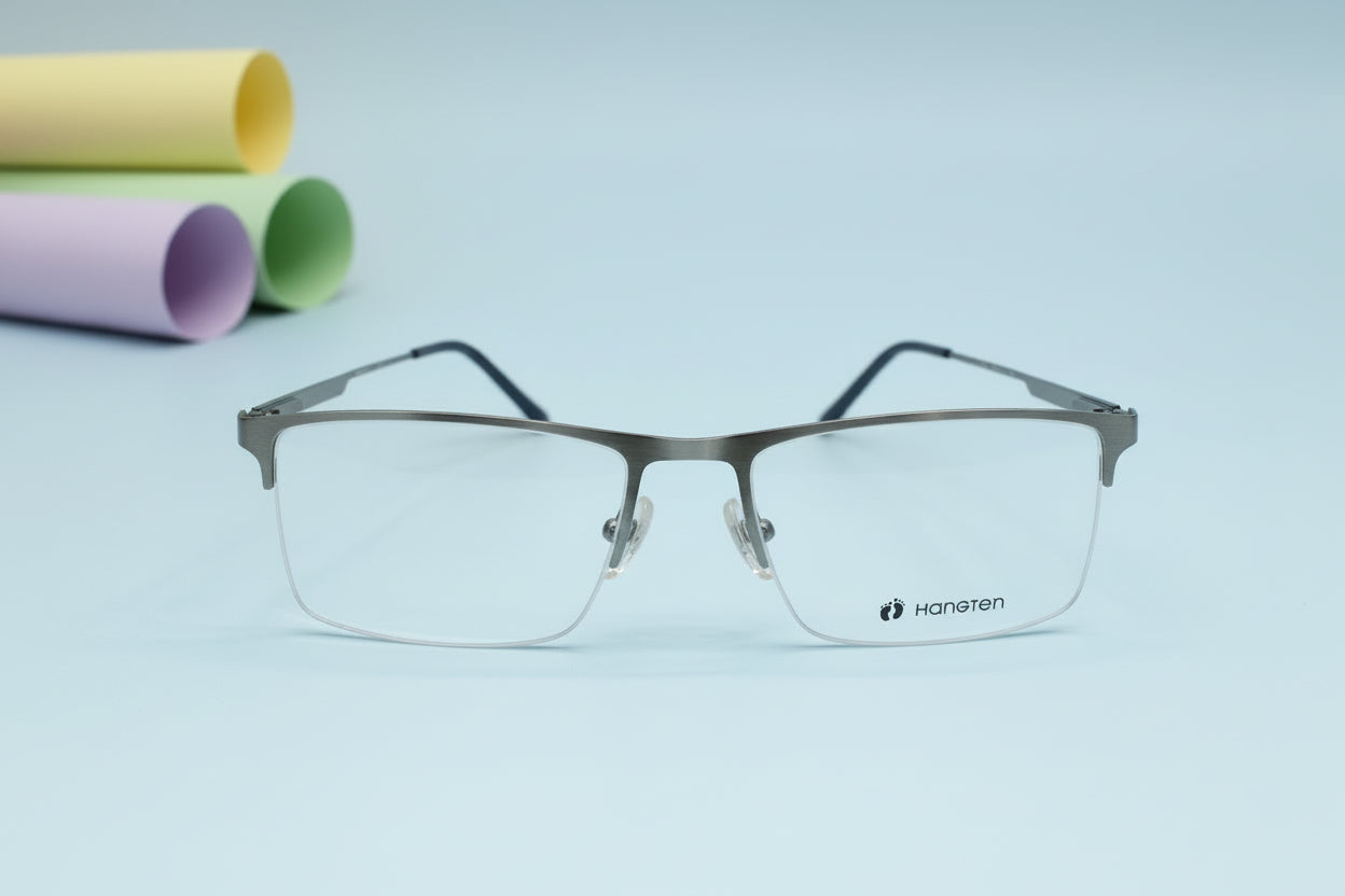 Hangten Gunmetal Rectangular Eyeglasses – Lightweight Semi-Rimless Unisex Frame