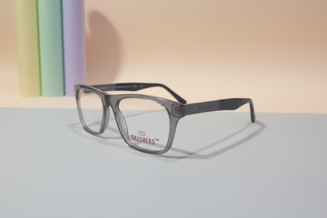 Skechers Transparent Grey Square Eyeglasses – Lightweight Full-Rim Unisex Frame